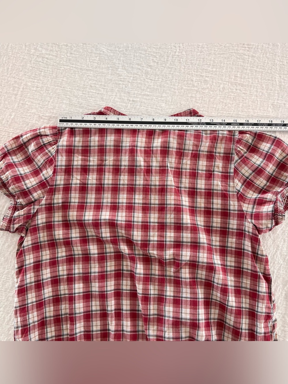 Mossimo Women’s Small Red White Plaid Short-Sleeve 3/4 Button Neck Cotton Top - Picture 4 of 6